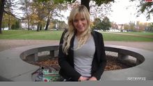 A hot blonde sucks and fucks in the middle of a city park.
